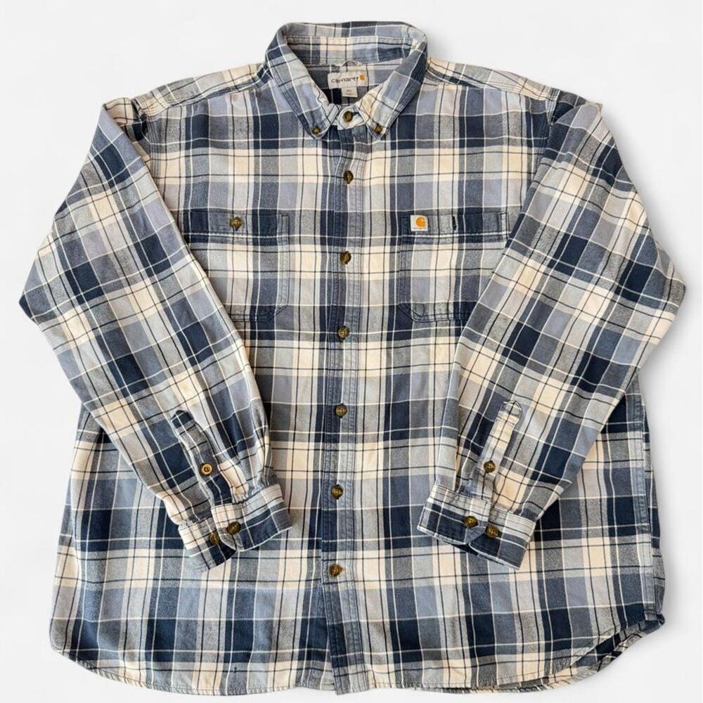 Carhartt Men’s 2XL Relaxed Fit Flannel Shirt Blue Cream Plaid Button Up